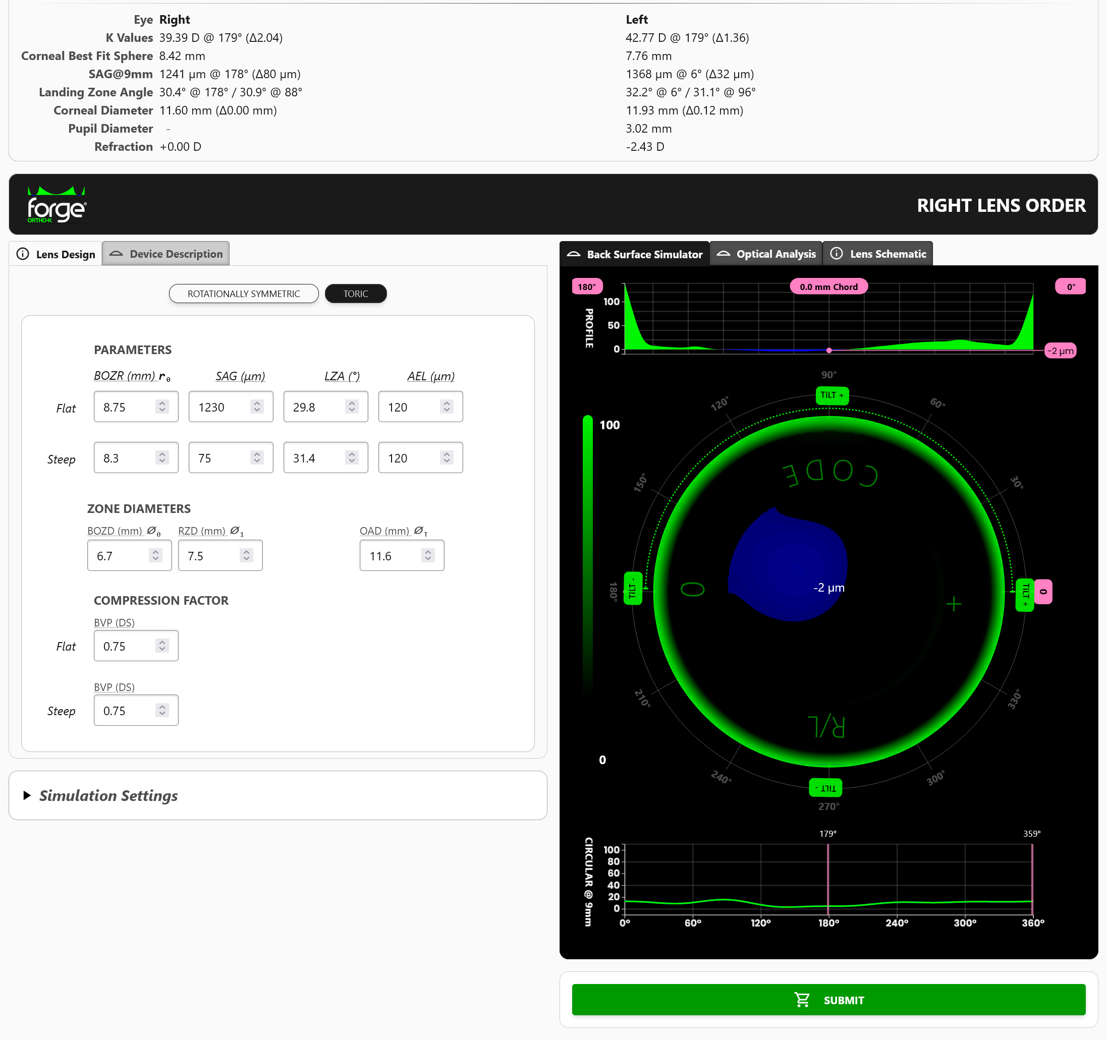 Screenshot of lens design process showing inputs and lens simulation
