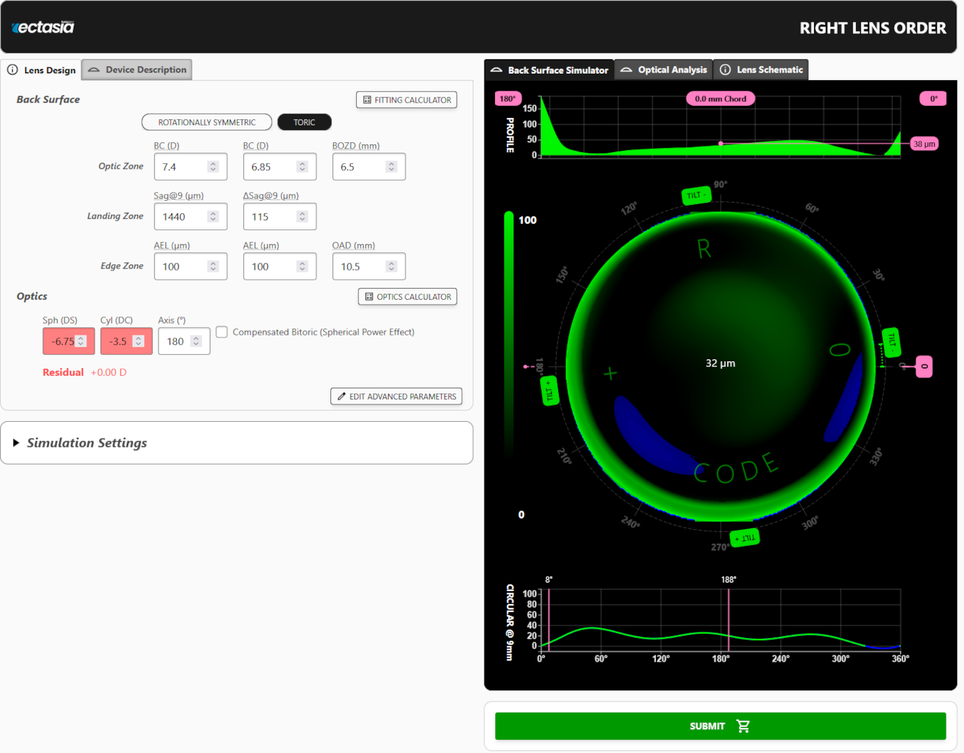 Screenshot of EyeSpace® Ectasia Calculator displaying inputs as a simulation of the lens on the eye