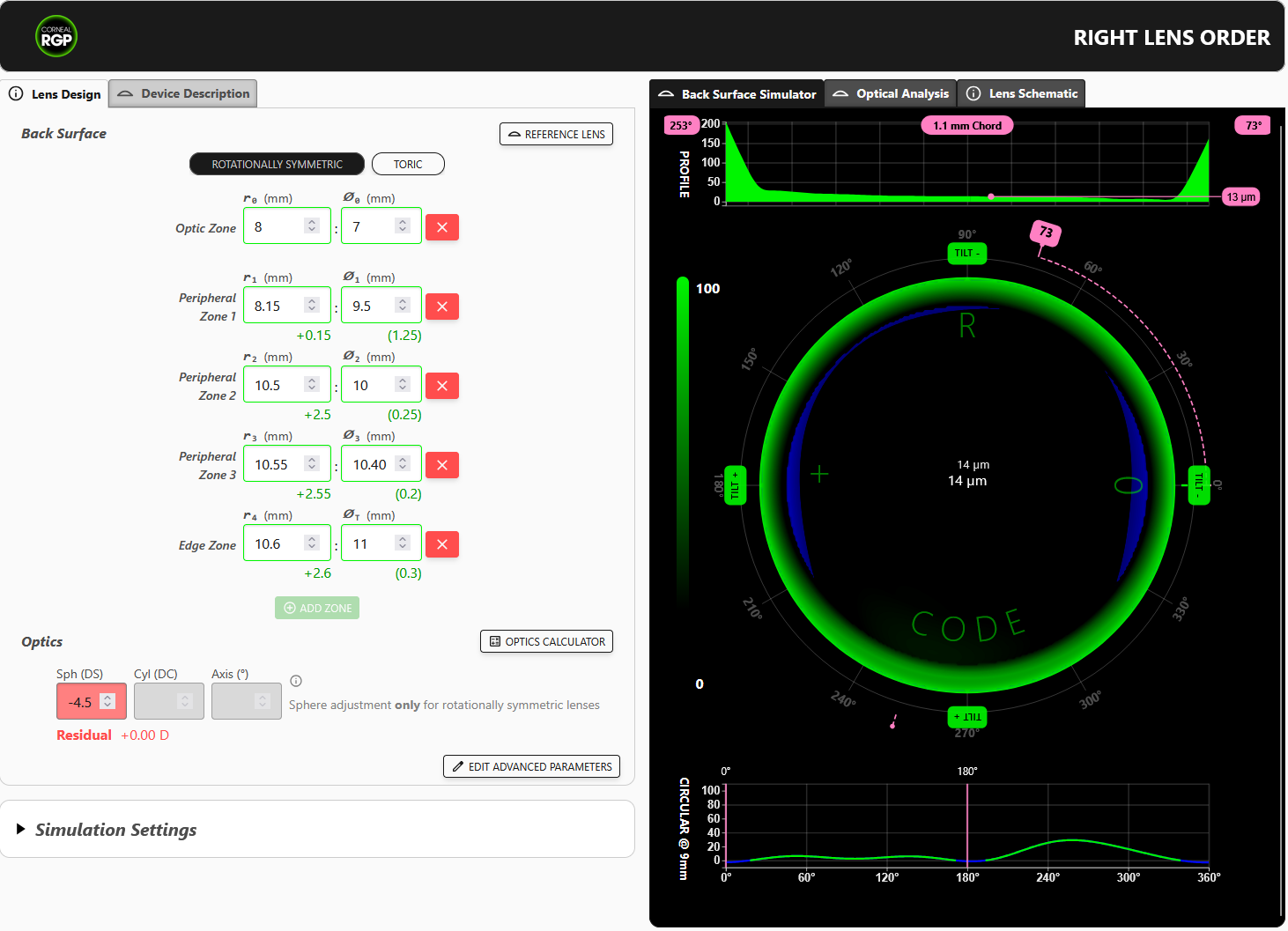 Screenshot of EyeSpace® Generic Calculator showing inputs and a simulation.