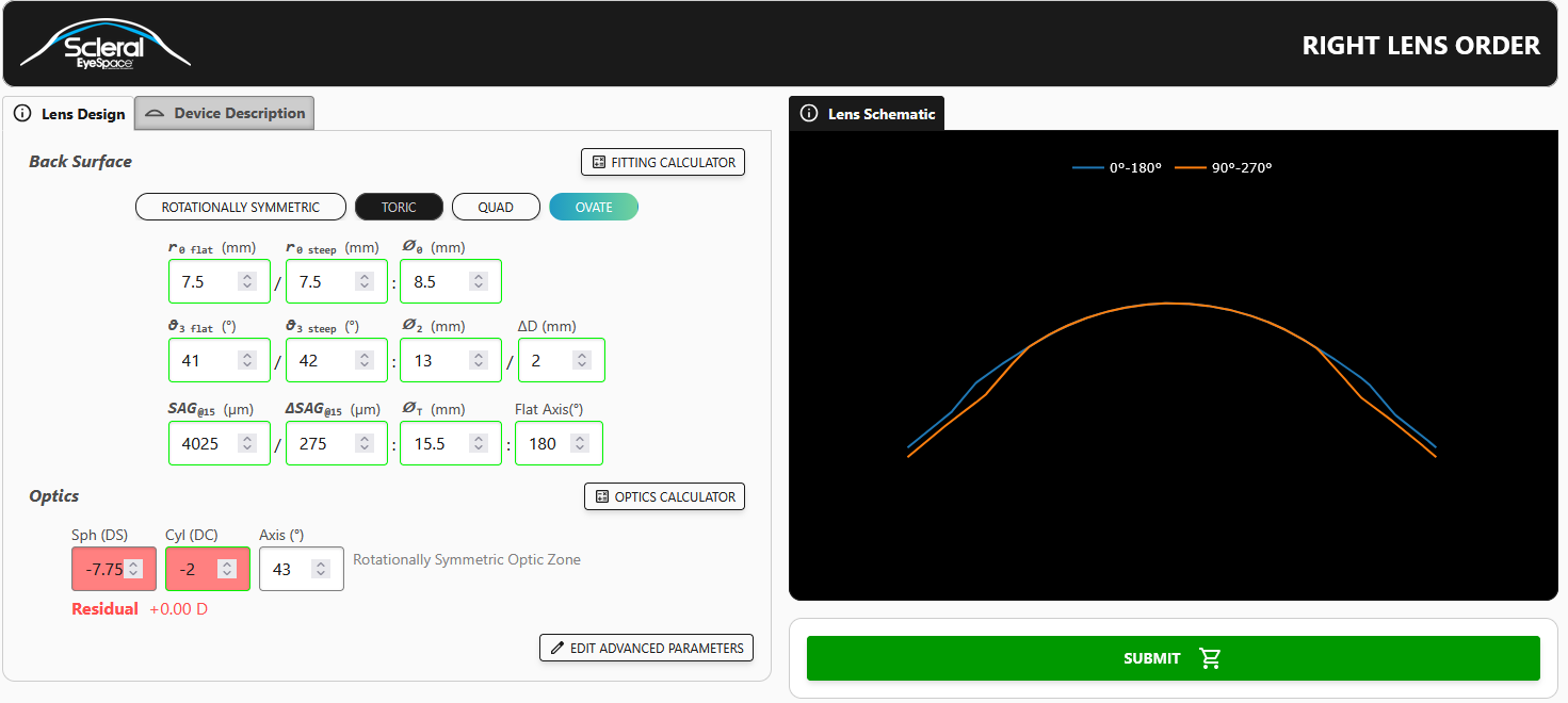 Screenshot of EyeSpace® Scleral calculator showing inputs for parameters and a lens simulation