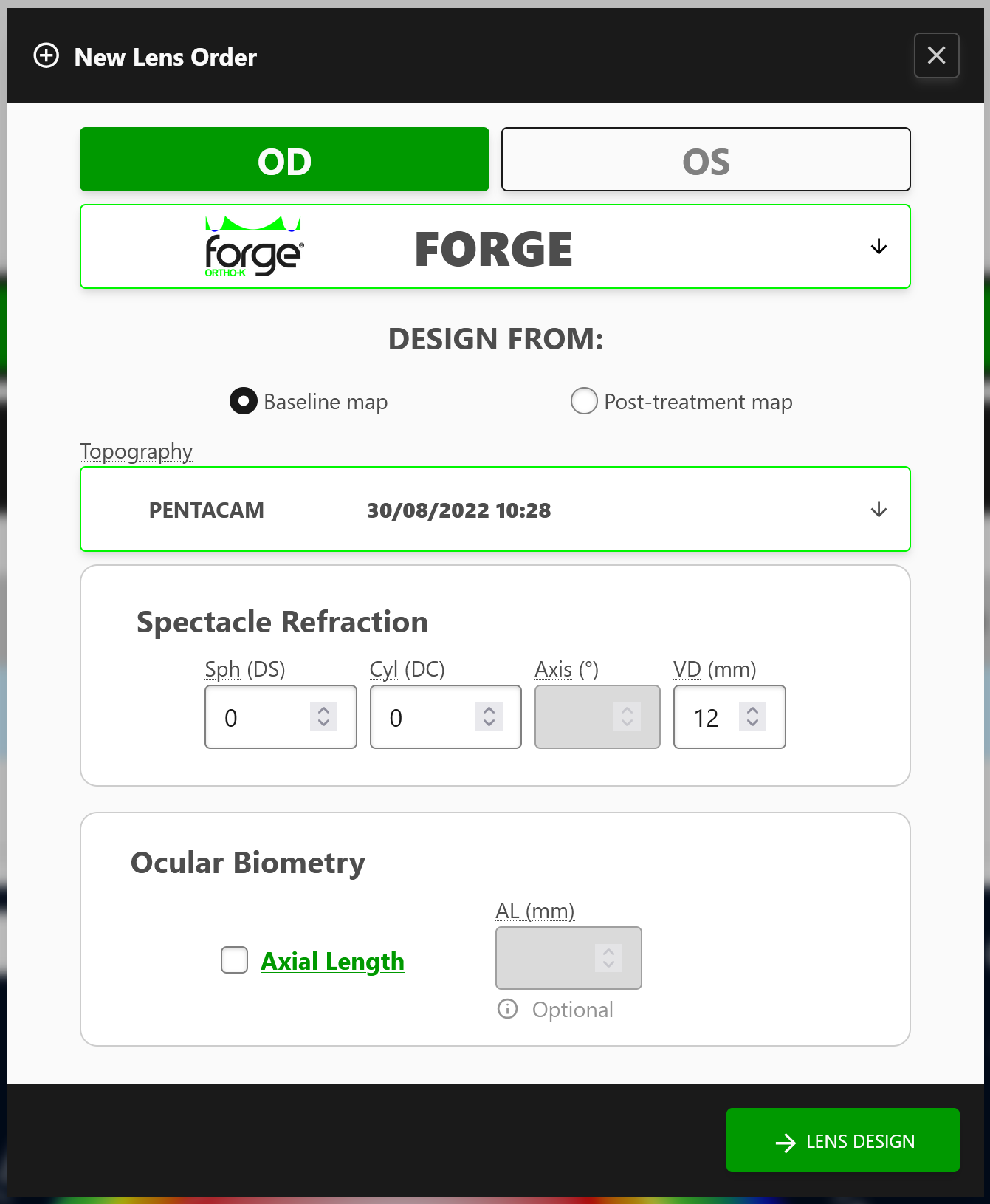 Screenshot of a lens design selection page showing an EyeSpace® Forge® Ortho-K lens selected with a Pentacam topography