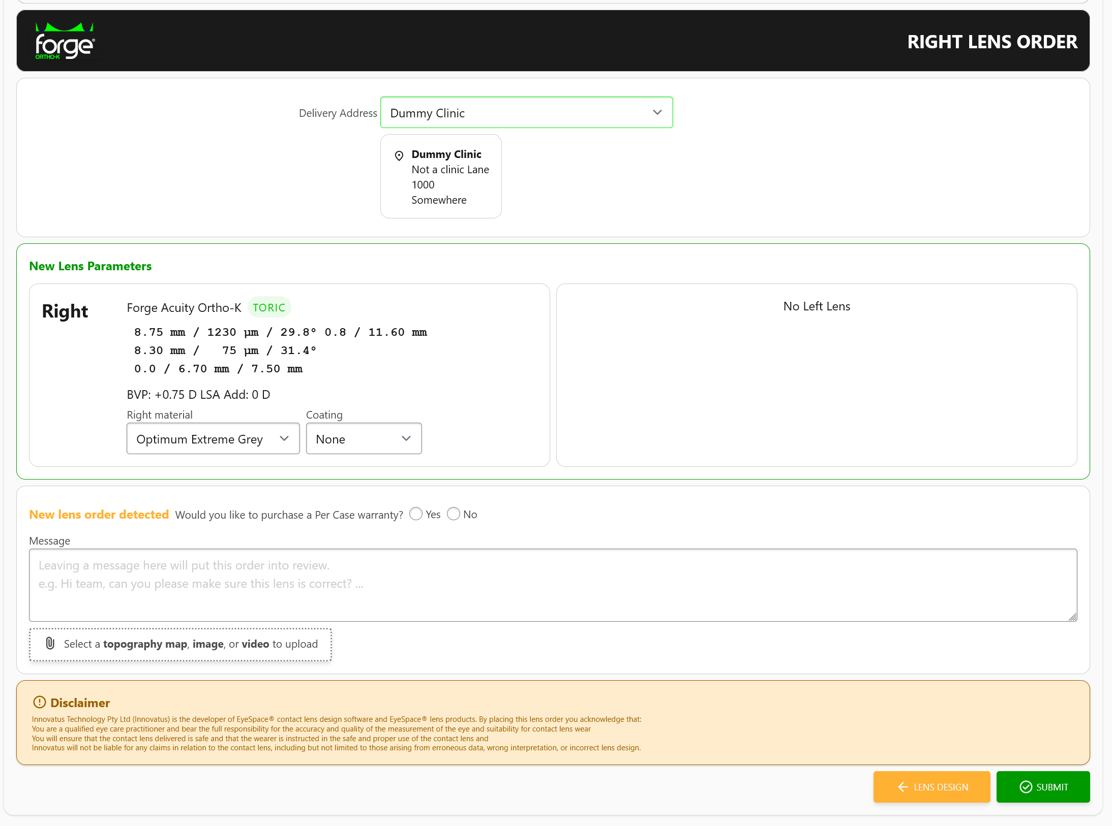 Screenshot of a submit page showing label of the lens design, delivery address selection, warranty, and a comment box for troubleshooting